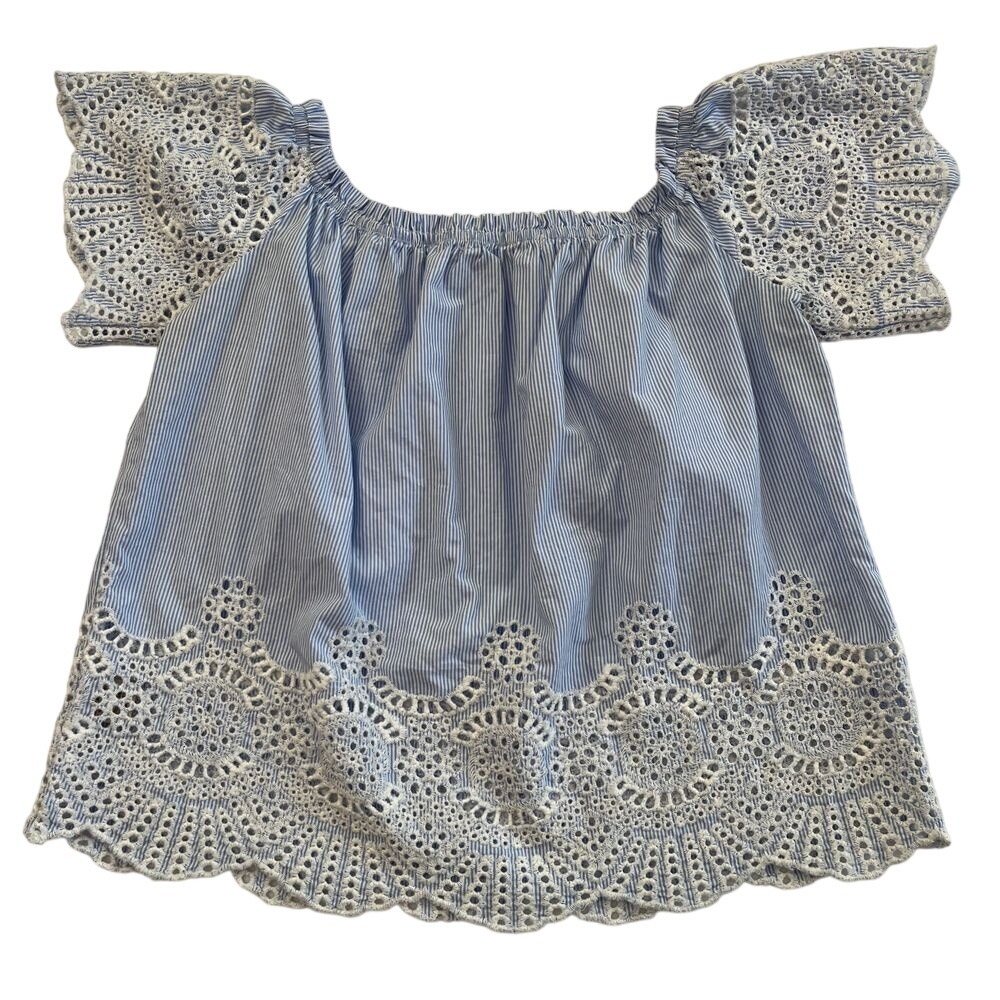 Liberty Love Womens Blue & White Stripe Embroidered Ruffle Sleeve Blouse 176 - Picture 2 of 6